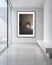 Room mockup: The photo as a large black-framed print in a bright, minimal room with a glass wall and white bench.